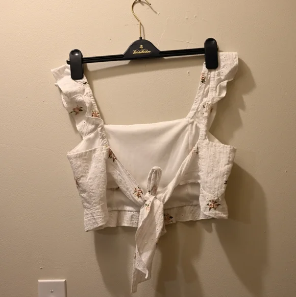 Eyelet Embroidered White Sleeveless Spring 100% Cotton Crop Top Pastel Floral L - Picture 3 of 5